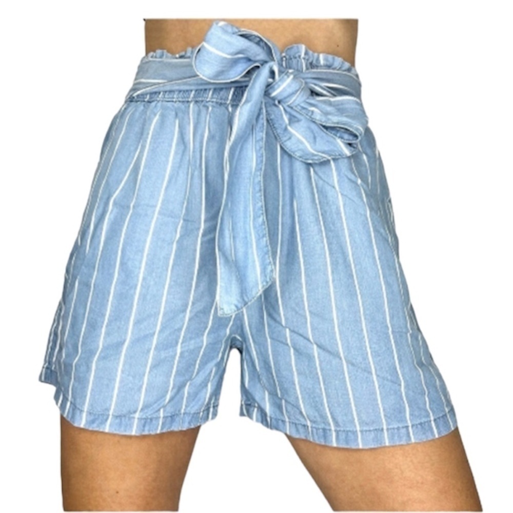 Dynamite 100% tencel blue white stripe paper bag waist shorts S